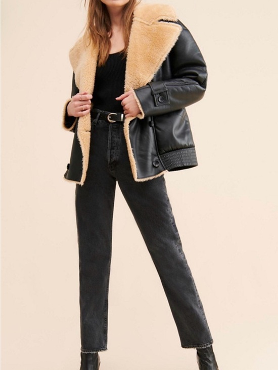 Avec Les Filles Jackets & Blazers - Avec Les Filles Black Faux Leather Jacket with Tan Shearling Trim